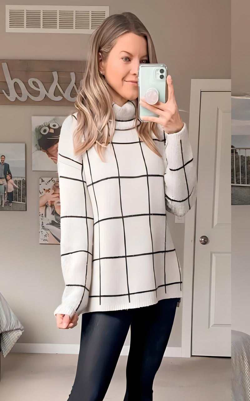 ECOWISH Women Fall Pullover Sweater Turtleneck Plaid Long Sleeve Loose Casual Chunky Checked Knit Winter Sweaters Jumper Tops 014white M - Image 4
